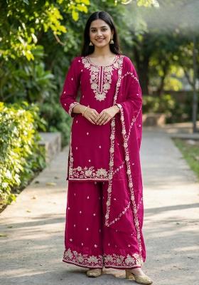 red Zari Work Silk Salwar Kameez