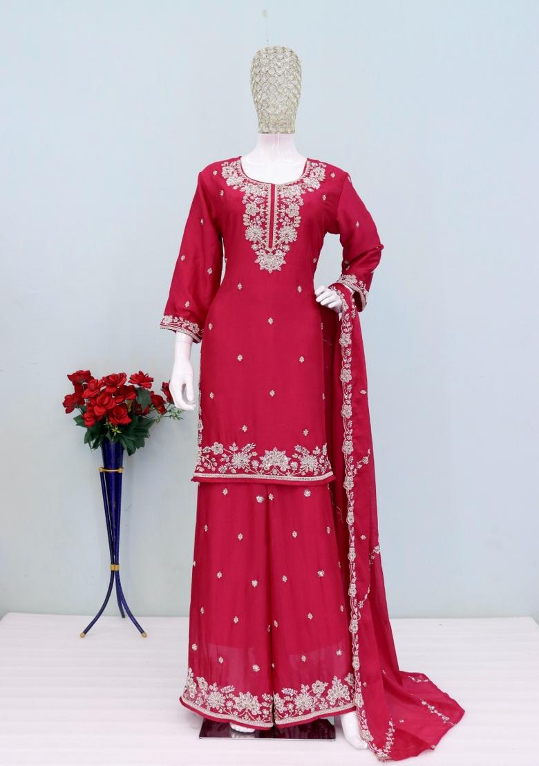 red Zari Work Silk Blend Salwar Kameez - Indya