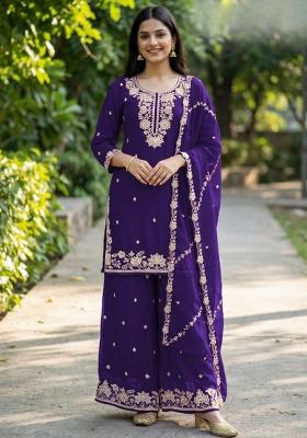 violet Zari Work Silk Salwar Kameez