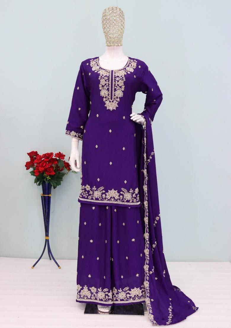 violet Zari Work Silk Blend Salwar Kameez - Indya