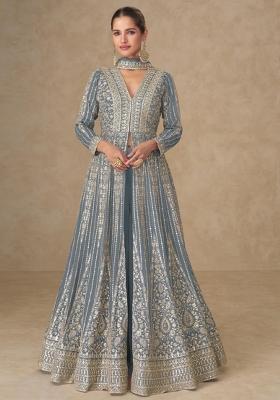 grey Zari Work Silk Anarkali Set