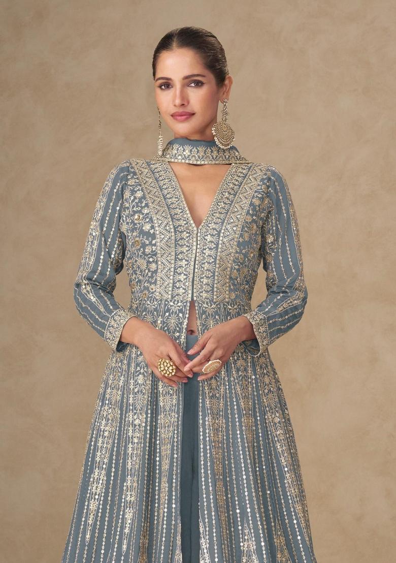 grey Zari Work Silk Blend Anarkali Set - Indya