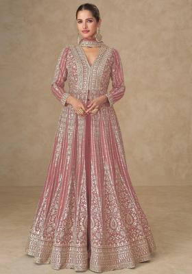 peach Zari Work Silk Anarkali Set