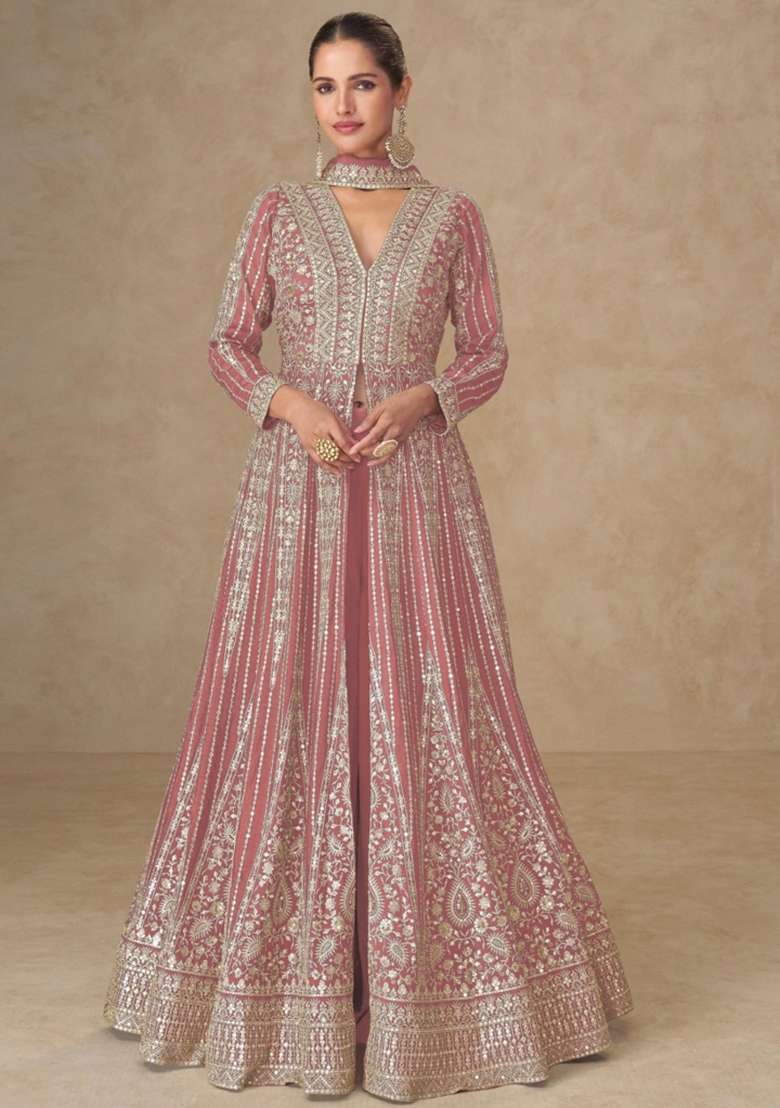peach Zari Work Silk Blend Anarkali Set - Indya