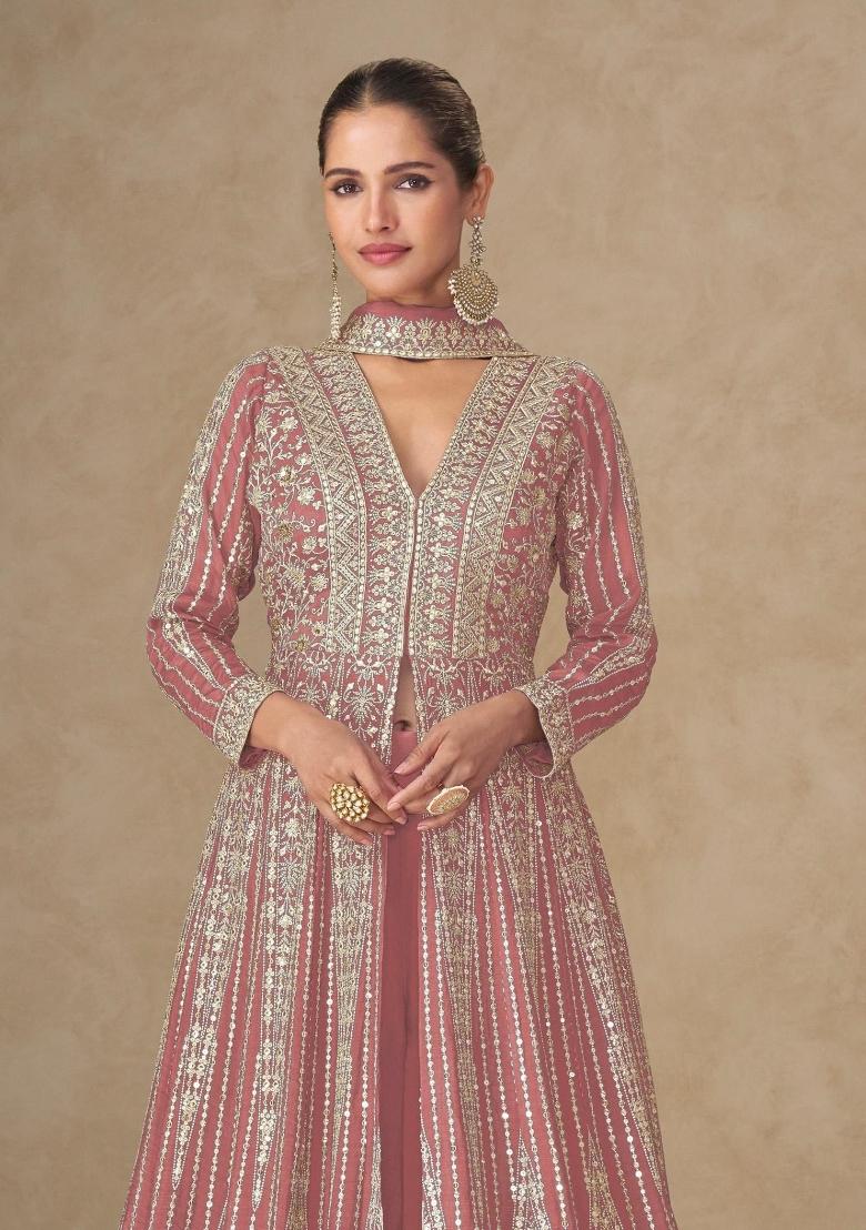 peach Zari Work Silk Blend Anarkali Set - Indya