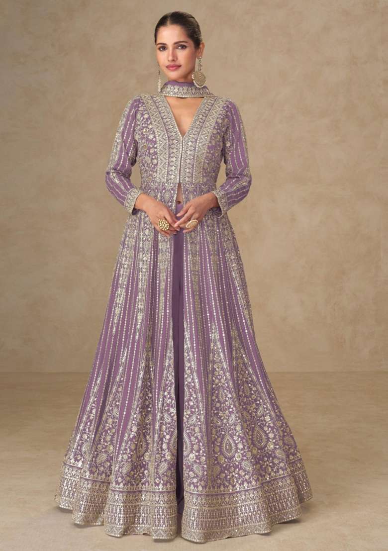 lavender Zari Work Silk Blend Anarkali Set - Indya