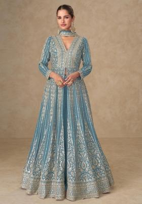 blue Zari Work Silk Anarkali Set