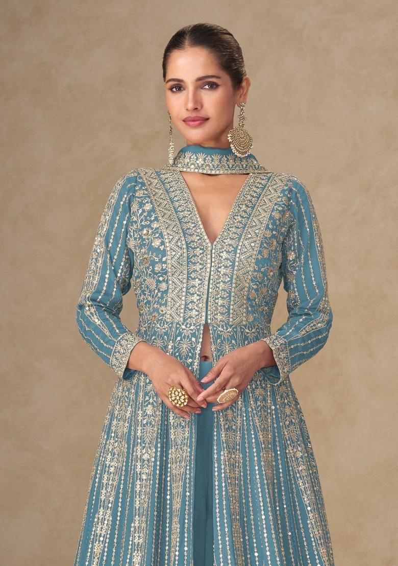 blue Zari Work Silk Blend Anarkali Set - Indya