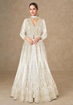 white Zari Work Silk Anarkali Set