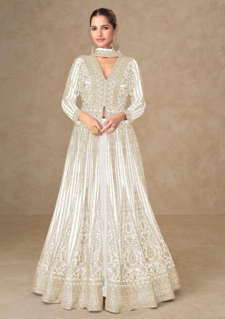white Zari Work Silk Blend Anarkali Set - Indya