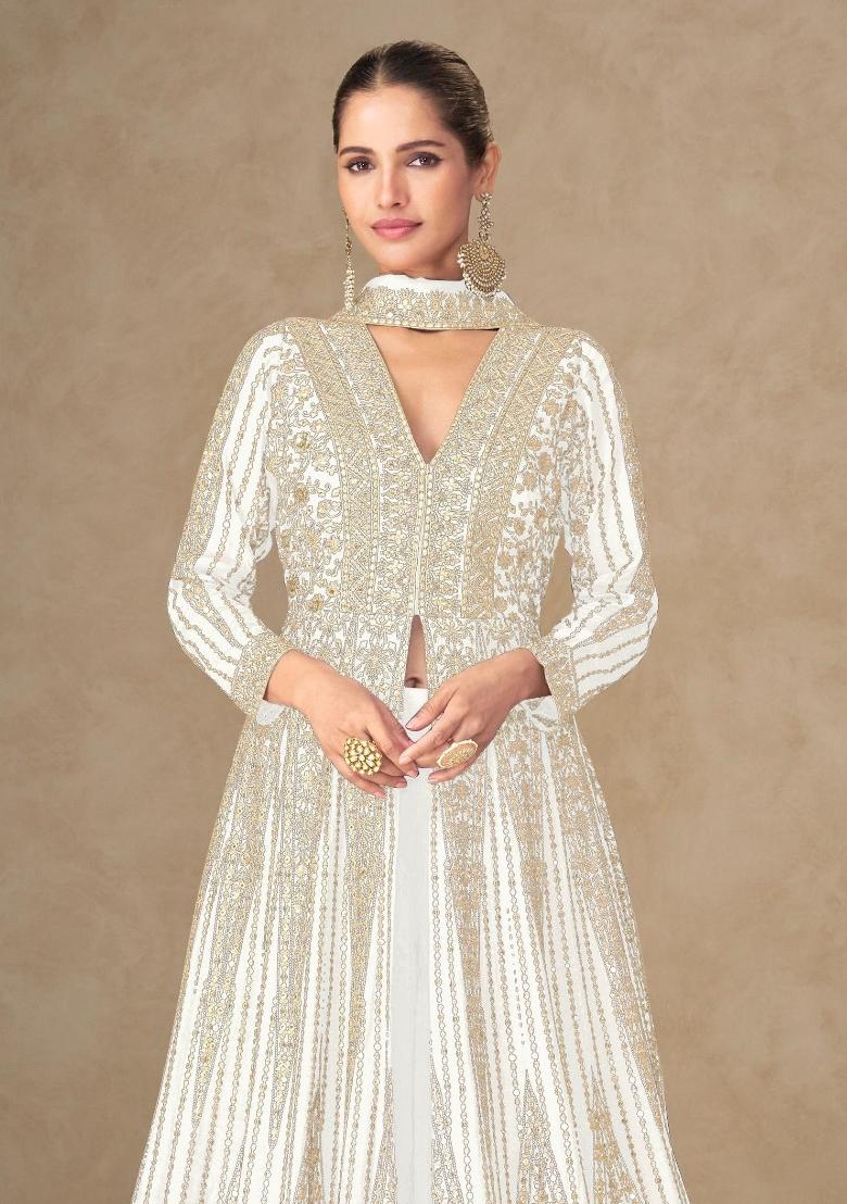 white Zari Work Silk Blend Anarkali Set - Indya