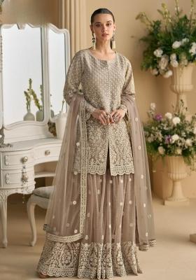 cream Zari Work Net Salwar Suit