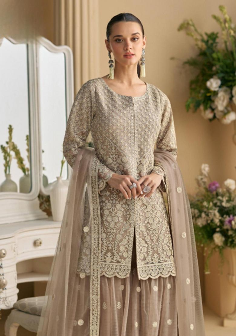 cream Zari Work Net Salwar Suit - Indya
