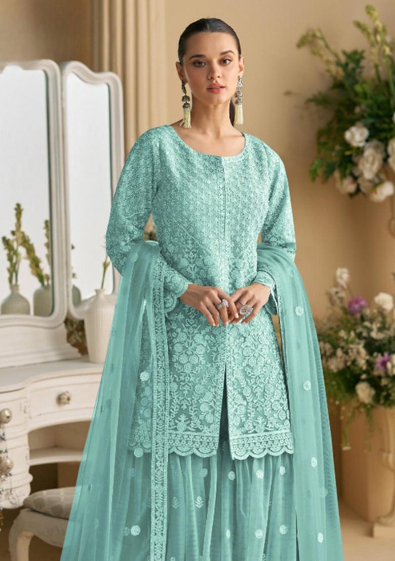 sky blue Zari Work Net Salwar Suit - Indya