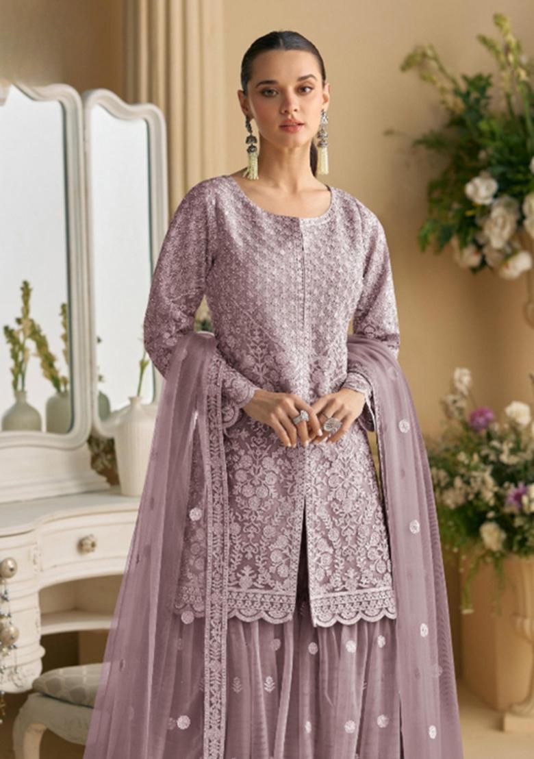 purple Zari Work Net Salwar Suit - Indya
