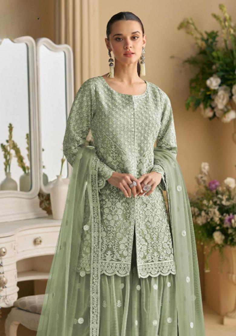 green Zari Work Net Salwar Suit - Indya