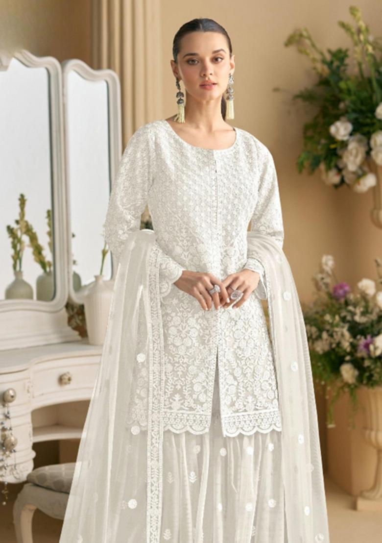 white Zari Work Net Salwar Suit - Indya