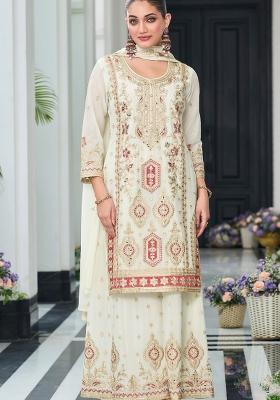 Off White Zari Work Chiffon Salwar Suit