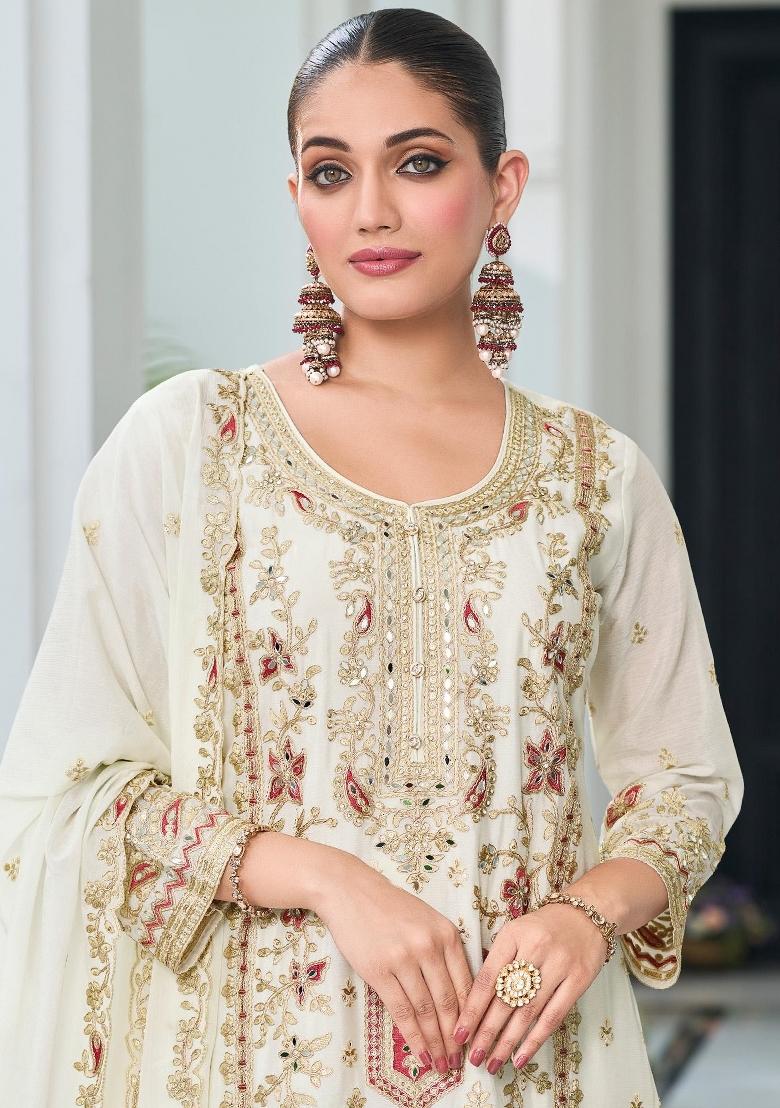 Off White Zari Work Chiffon Salwar Suit - Indya