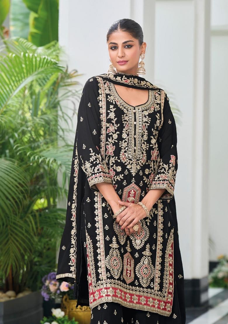 Black Zari Work Chiffon Salwar Suit - Indya