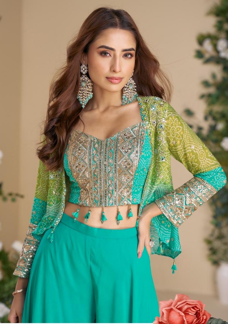 teal blue Zari Work Silk Indo Western Set - Indya