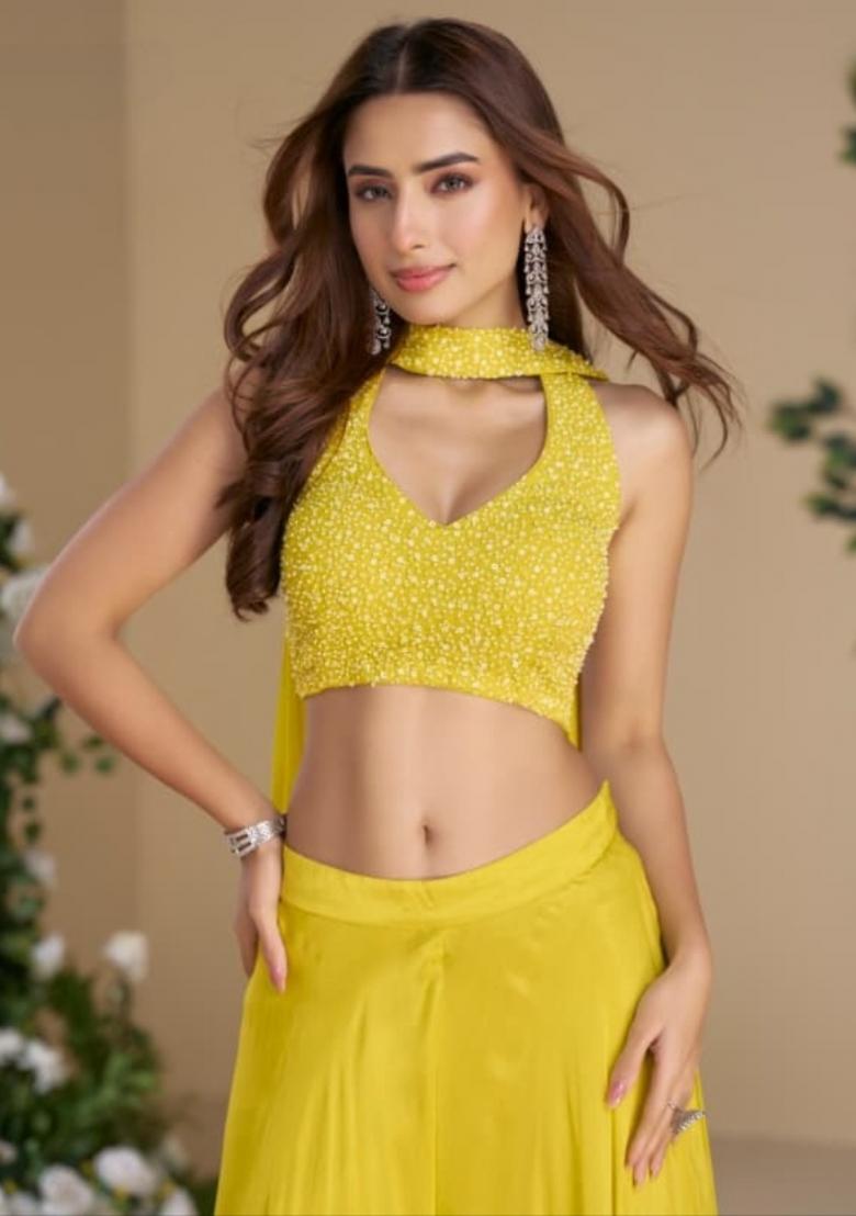 yellow Zari Work Silk Indo Western Set - Indya