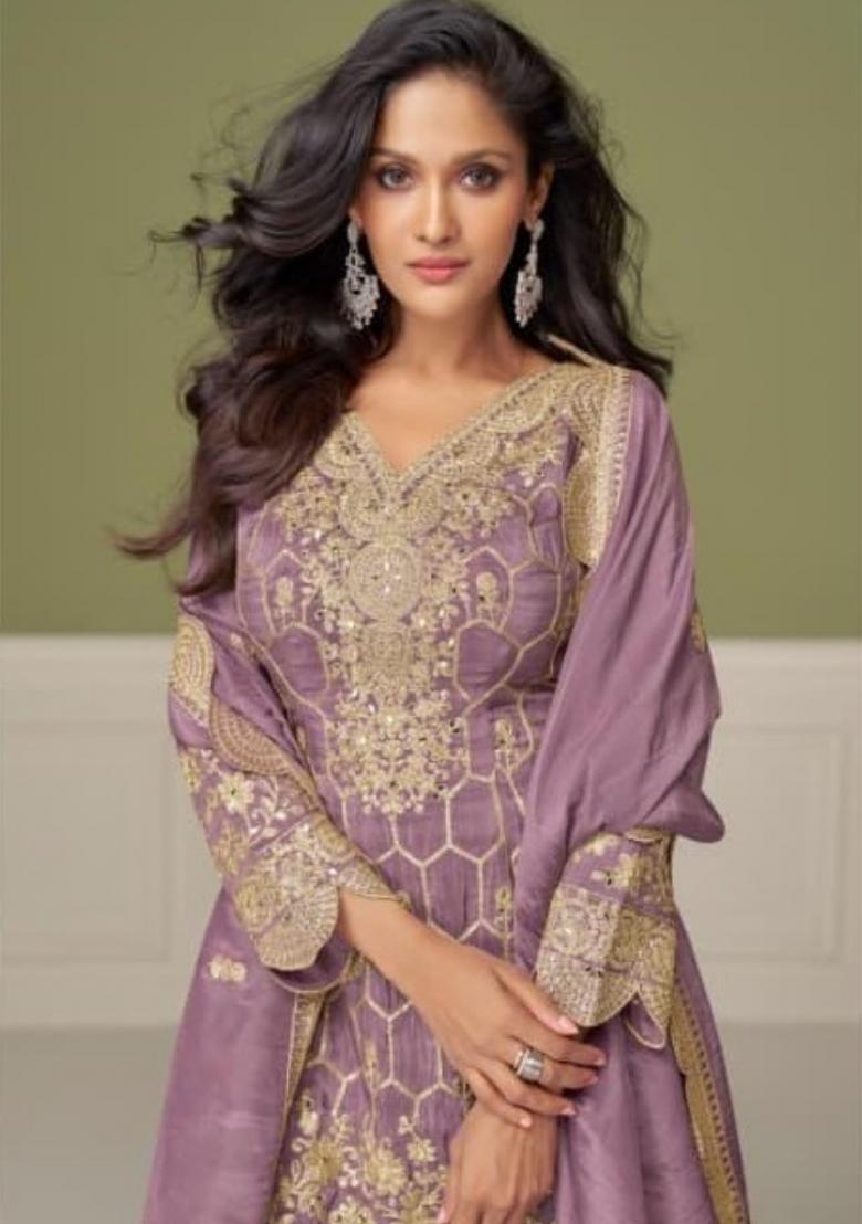 purple Zari Work Shimmer Salwar Suit - Indya