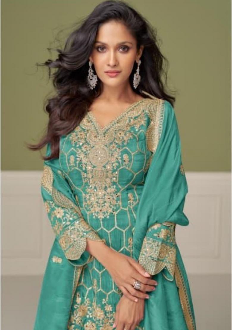 sky blue Zari Work Shimmer Salwar Suit - Indya