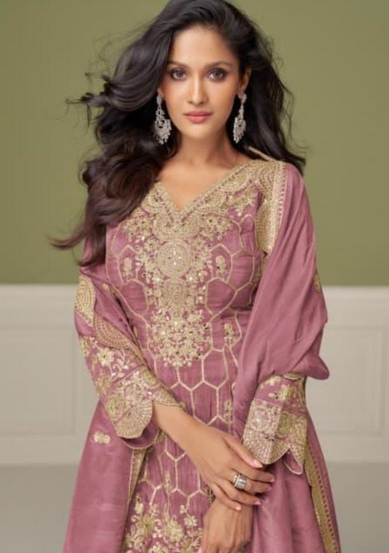 peach Zari Work Shimmer Salwar Suit - Indya