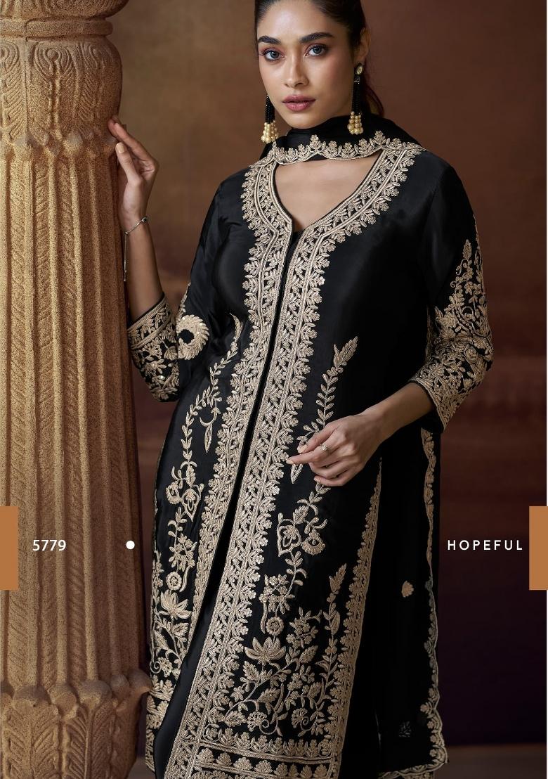 black Zari Work Silk Blend Salwar Suit - Indya