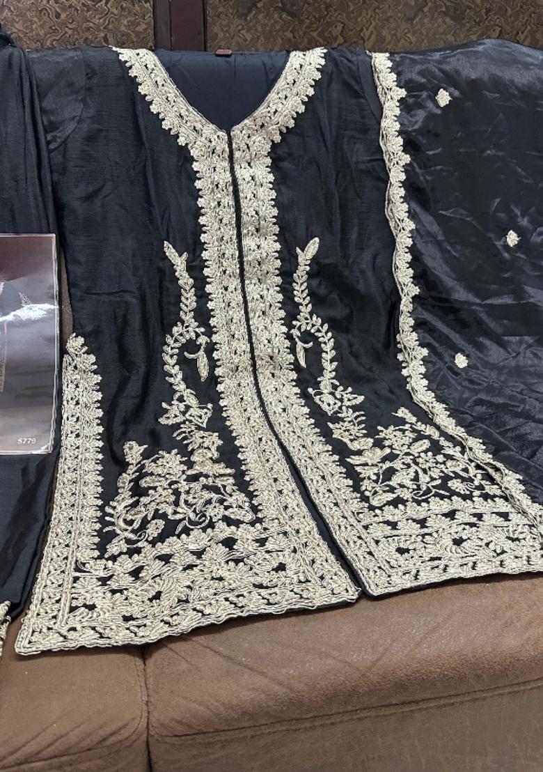 black Zari Work Silk Blend Salwar Suit - Indya
