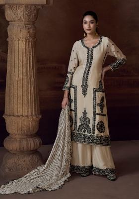 beige Zari Work Silk Blend Salwar Suit