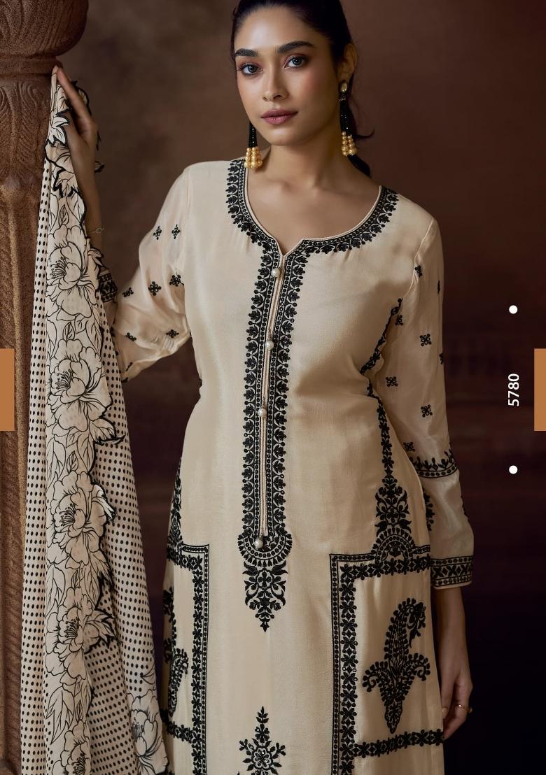 beige Zari Work Silk Blend Salwar Suit - Indya