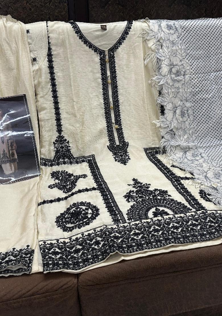 beige Zari Work Silk Blend Salwar Suit - Indya
