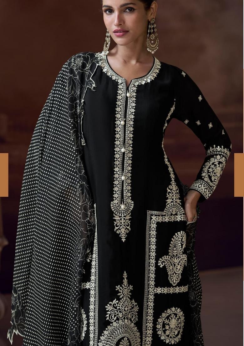 black Zari Work Silk Blend Salwar Suit - Indya