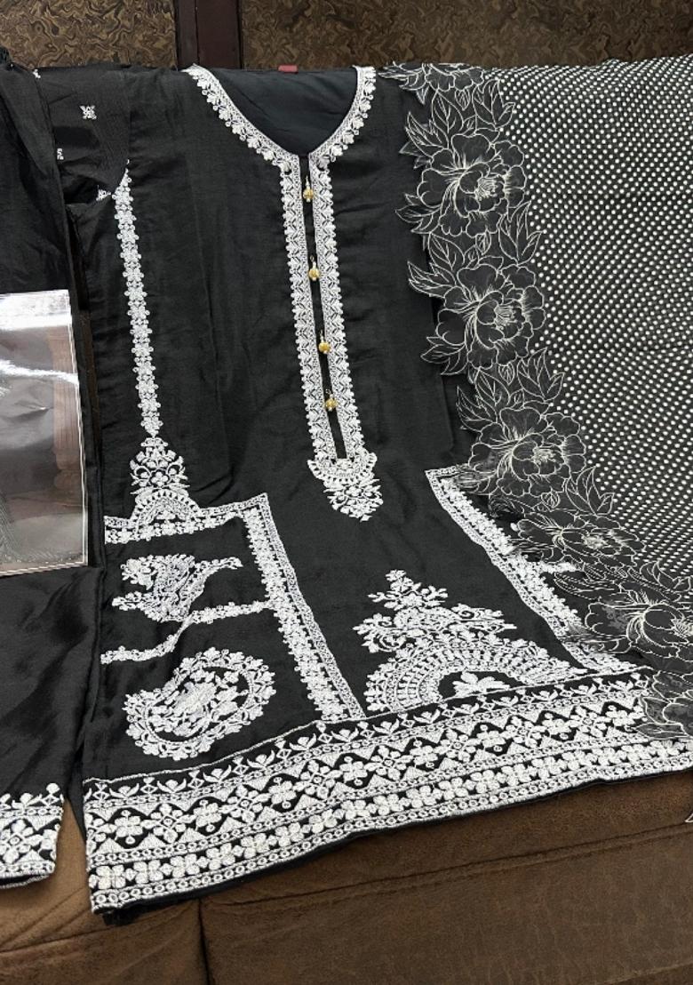 black Zari Work Silk Blend Salwar Suit - Indya
