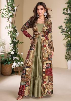 olive Zari Work Georgette Anarkali With Long Jacket