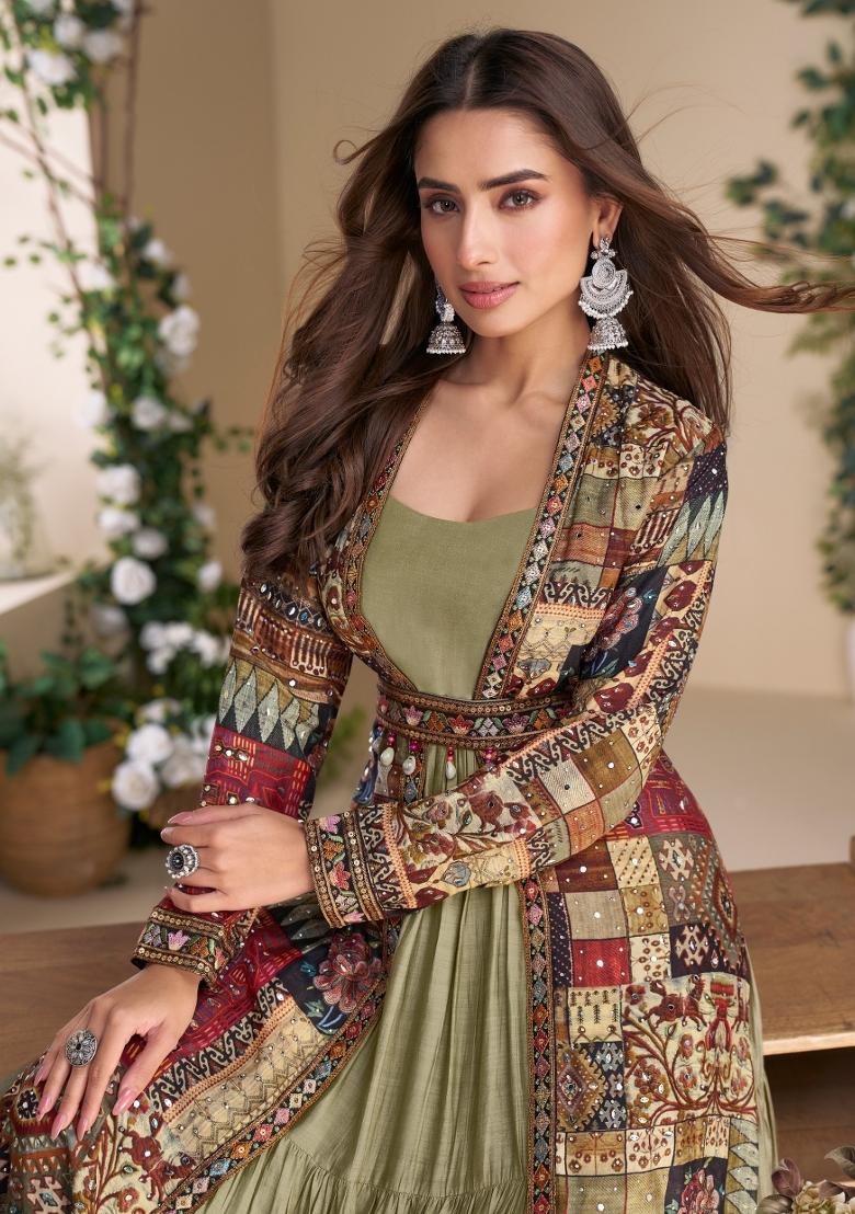 olive Zari Work Georgette Anarkali With Long Jacket - Indya