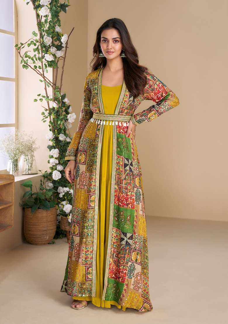 yellow Zari Work Georgette Anarkali With Long Jacket - Indya