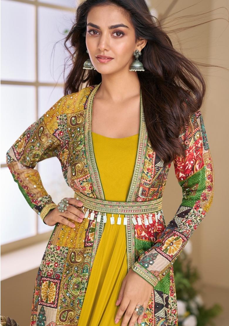yellow Zari Work Georgette Anarkali With Long Jacket - Indya