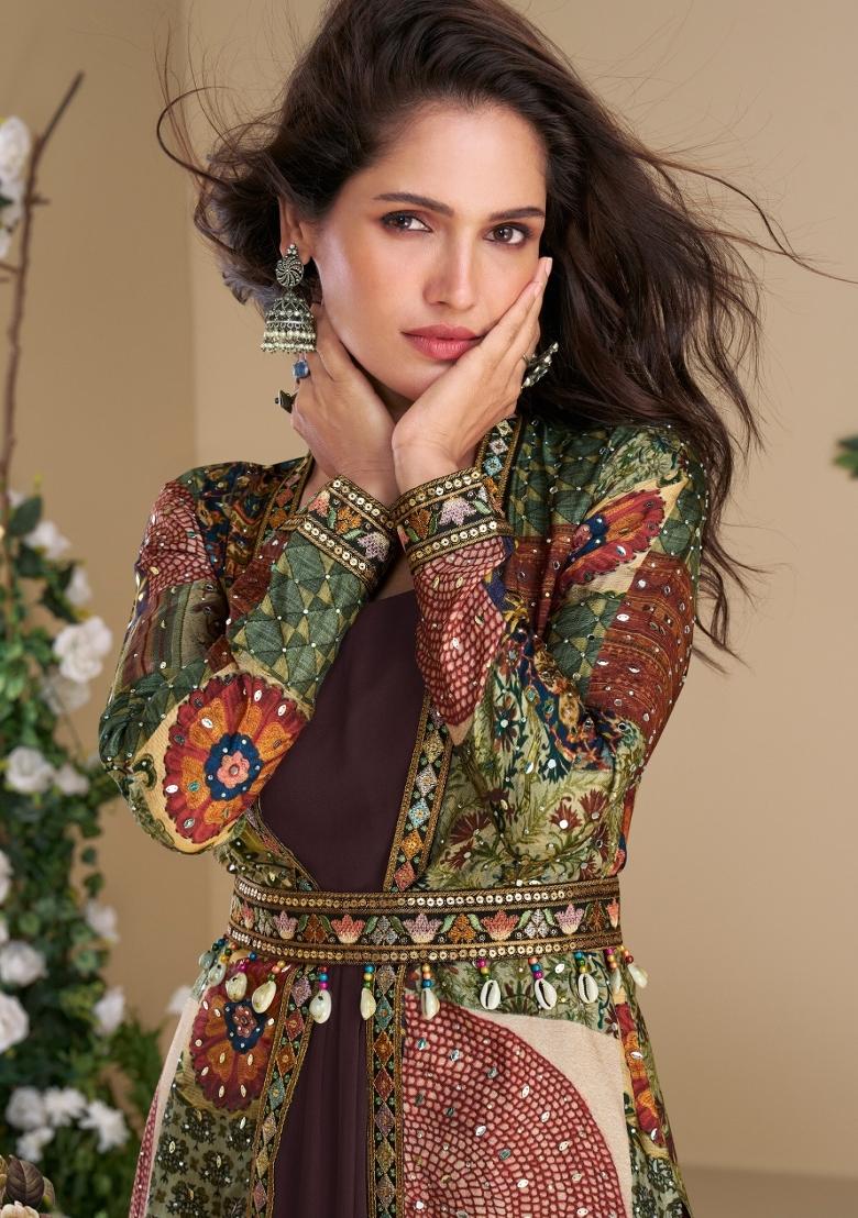 brown Zari Work Georgette Anarkali With Long Jacket - Indya