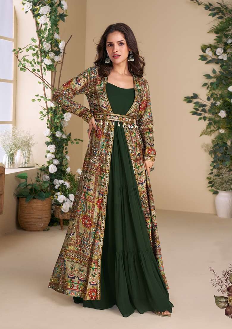 dark green Zari Work Georgette Anarkali With Long Jacket - Indya