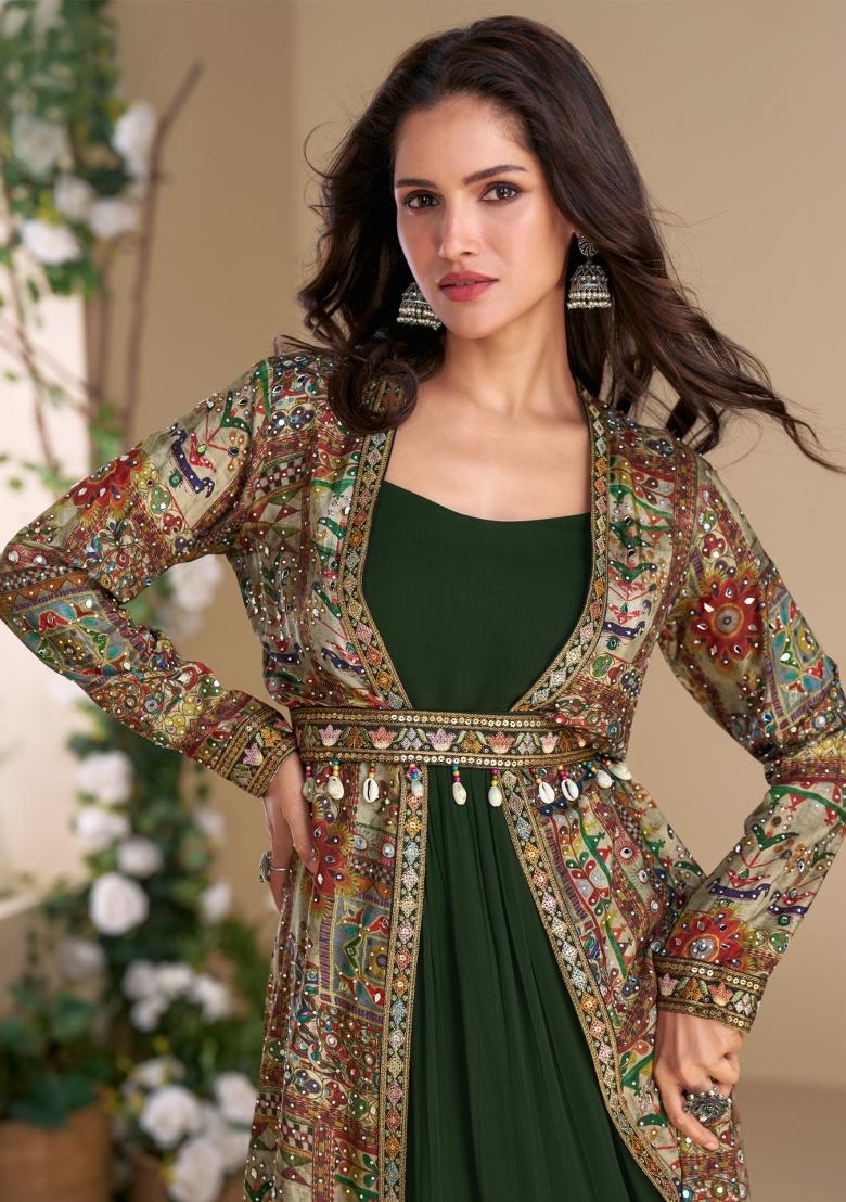 dark green Zari Work Georgette Anarkali With Long Jacket - Indya