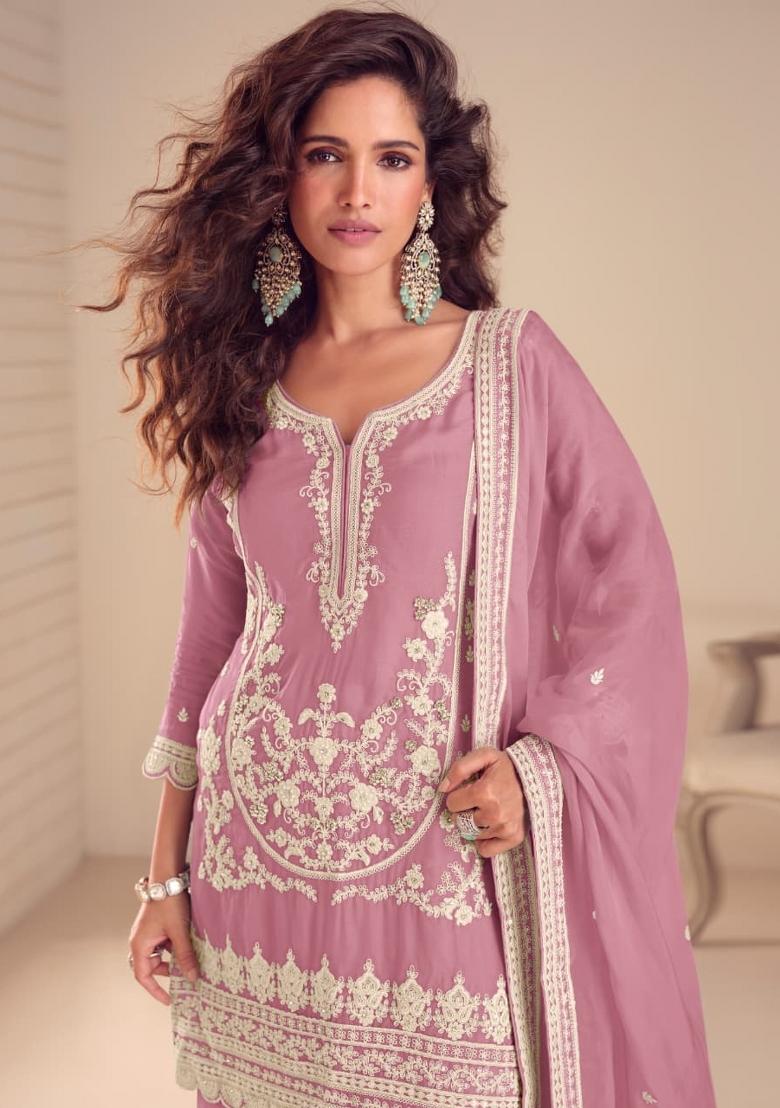 purple Zari Work Silk Blend Salwar Kameez - Indya