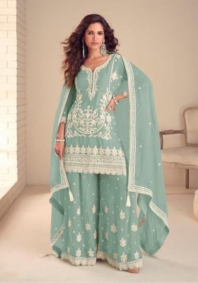 turquoise Zari Work Silk Blend Salwar Kameez