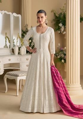 white Zari Work Georgette Anarkali With Dupatta