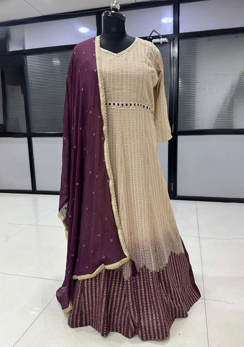 cream Zari Work Georgette Anarkali With Dupatta - Indya