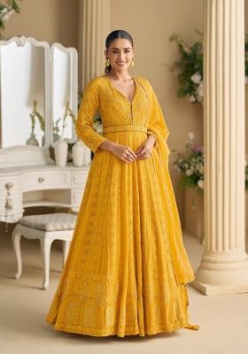 yellow Zari Work Georgette Anarkali With Dupatta