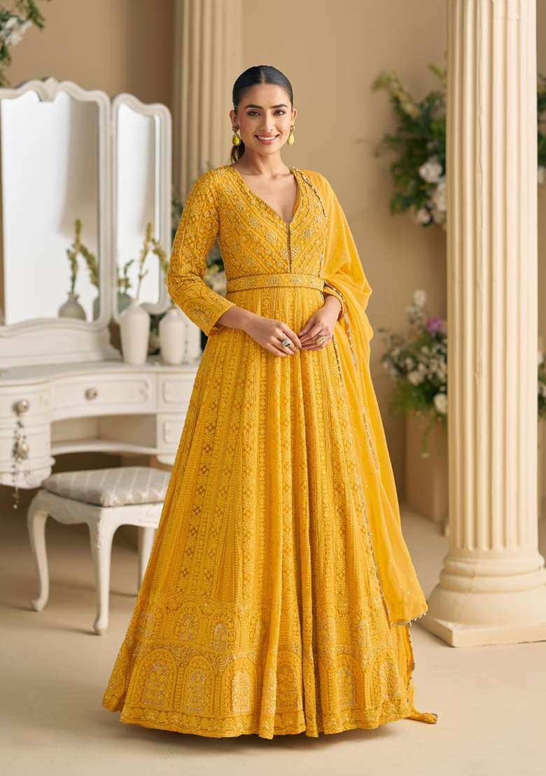 yellow Zari Work Georgette Anarkali With Dupatta - Indya