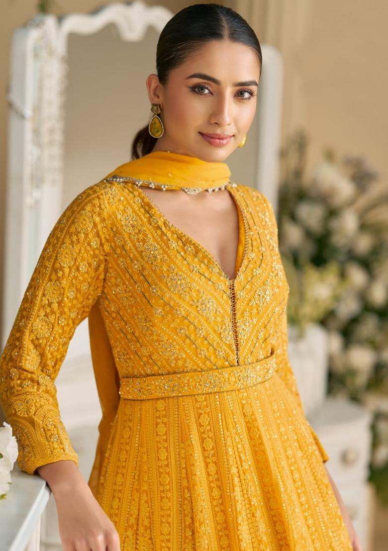 yellow Zari Work Georgette Anarkali With Dupatta - Indya